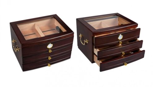 Regent 75 Count Dark Mahogany Glass Top Humidor with 3 Drawers