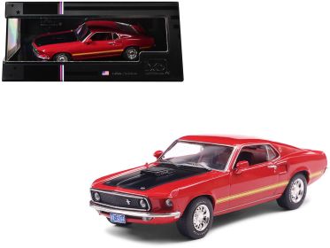 1969 Ford Mustang Mach 1 Calypso Coral Red with Black Hood and Yellow Stripes 1/43 Diecast Model Car by IXO Models