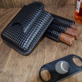 Visol Marvel Diamond Pattern 3 Finger Leather Cigar Case with Cutter - VCASE752