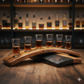 Barrel Stave Flight – Handcrafted Bourbon Barrel Serve Tray & Shot Glass Set (5-Shot)