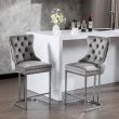 Modern Velvet Bar Stool with High Tufted Back & Chrome Base - Nailhead Detail