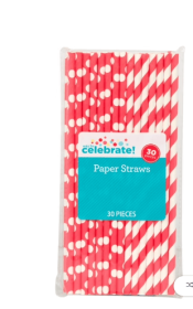 Way to Celebrate! Polka Dot & Striped Paper Straws, 30ct. Neon Pink, Red, Blue and Black (Color: Red)