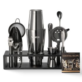 13-Piece Cocktail Shaker Bartender Set with Bamboo Stand (Color: Gunmetal)