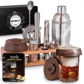 Bartender Kit with Whiskey Smoker and 13 pcs Bamboo Stand (Color: Stainless Steel)