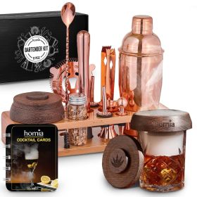 Bartender Kit with Whiskey Smoker and 13 pcs Bamboo Stand (Color: Pink Gold)