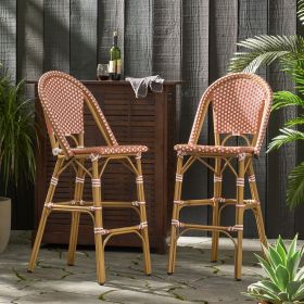29.5" PE Rattan French Barstool, Aluminum Frame with Bamboo Finish (Color: Rust Red & White)