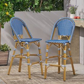 29.5" PE Rattan French Barstool, Aluminum Frame with Bamboo Finish (Color: Dark Teal & White)