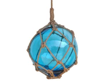 Japanese Glass Ball Fishing Float With Brown Netting Decoration 12" (Color: Light Blue)