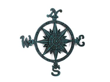 Large 19" Cast Iron Decorative Rose Compass (Color: Rustic Seaworn Blue)