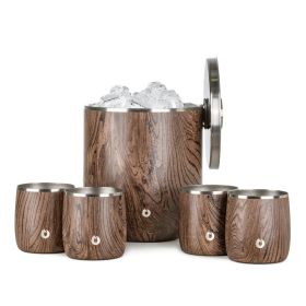 Stainless Steel Ice Bucket with Rocks Glass Set (Color: Dark Walnut)